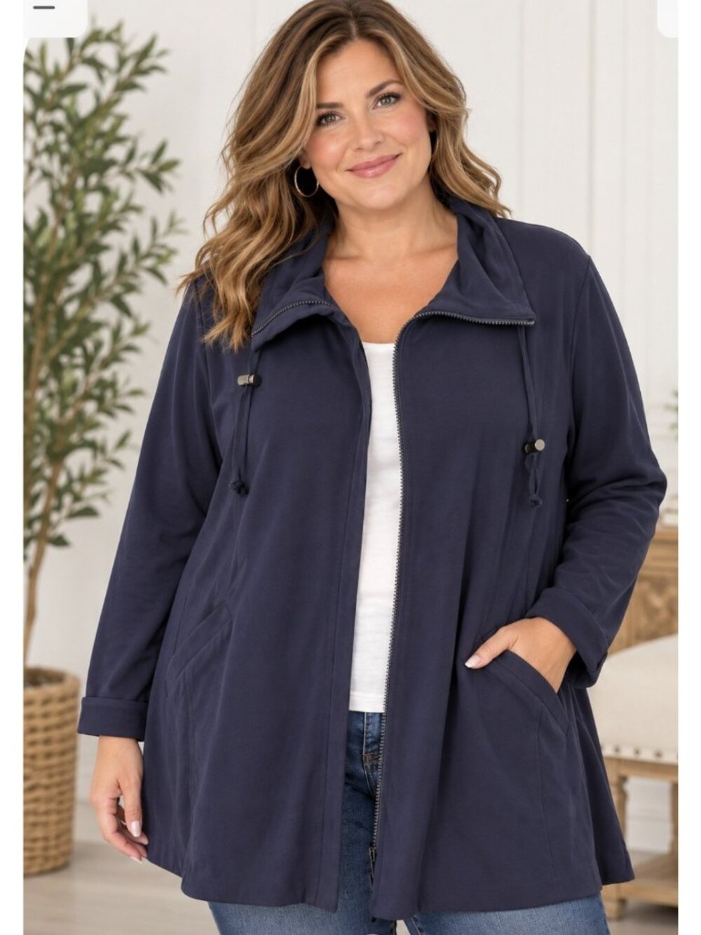 Eileen Fisher Jacket Size 1X Full Zip High Collar  Blue Organic Cotton NEW